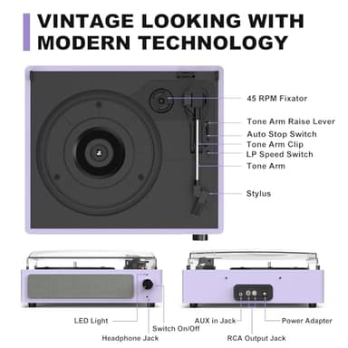 WOCKODER Turntable Vinyl Record Players New Sleek Turn Tables with Speakers Belt-Driven All-in-one LP Phonograph 3-Speed Bluetooth Wireless Playback Headphone AUX RCA Auto Stop Pale Light Purple - Image 6