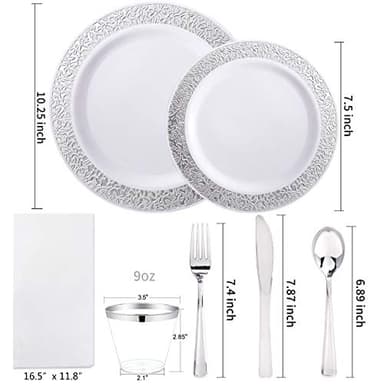 WELLIFE 350 Pieces Silver Disposable Plastic Dinnerware, Silver Lace Plates for Wedding & Party, Includes:50 Dinner Plates, 50 Dessert Plates, 50 Cups, 50 Pre Rolled Napkins with Silver Cutlery - Image 2