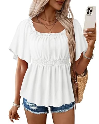 Bebonnie Off The Shoulder Tops for Women: Short Sleeve Sexy Chiffon Blouses - Summer Wedding Guest Dress Shirts - Baby Shower Formal Cocktail Evening Outfits for Guest White L - Image 2