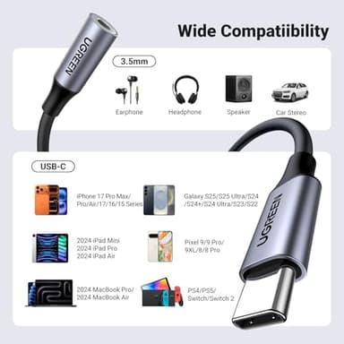 UGREEN USB C to 3.5mm Audio Adapter Type C to Headphone Aux Jack Dongle 24bit/96kHz HiFi DAC Cable Cord Compatible with iPhone 17 16 Pro Max/16 Plus, iPad, Galaxy S25 S24 Ultra, Pixel 10 Grey - Image 7