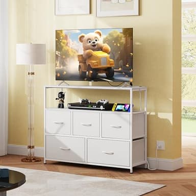 WLIVE White Dresser for Bedroom, 5 Drawer Dressers with Charging Station, Fabric Chest of Drawers with Open Shelves, Storage Dresser for Living Room, Closet, Entryway - Image 7