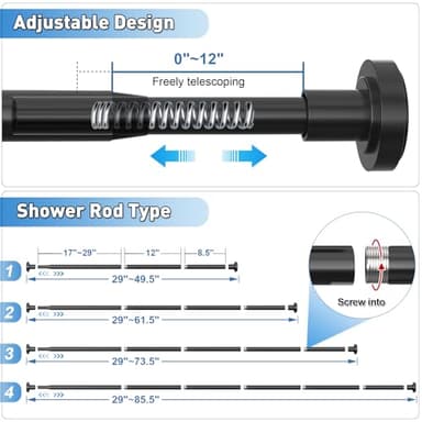 Shower Curtain Rod Adjustable 29-74 Inches, Spring Tension Shower Rod Stainless Steel 1 Inch Diameter Telescoping Curtain Rod for Bathroom, Windows Wardrobe, Non Slip, No Drilling, No Rust, Black - Image 5