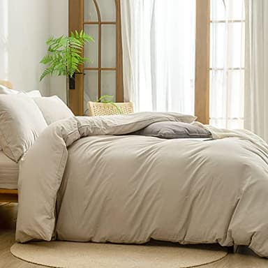 BESTOUCH Duvet Cover Set 100% Washed Cotton Linen Feel Super Soft Comfortable Chic Lightweight 3 PCs Home Bedding Set Solid Almond Milk Grey Queen - Image 3