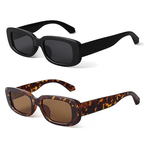 BUTABY Rectangle Sunglasses for Women Retro Driving Glasses 90’s Vintage Fashion Narrow Square Frame UV400 Protection Black & Leopard - Image 1