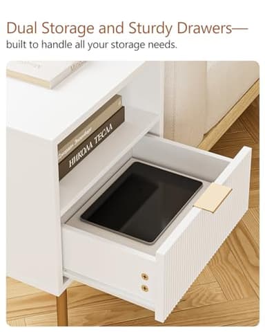 Masupu Nightstand,Mid-Century Modern Bedside Table with Storage Drawer and Open Wood Shelf,Small Gold Frame Side Table for Bedroom,Living Room,White - Image 6