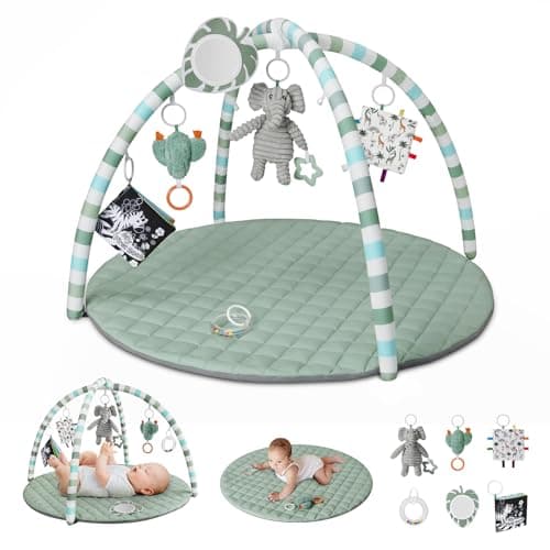 Blissful Diary Baby Play Gym Mat, Play Mat Activity Mat with 6 Detachable Toys for Stage-Based Sensory & Motor Skill Development, Easy to Install & Clean, Baby Essentials Gift, Sage Green - Image 1