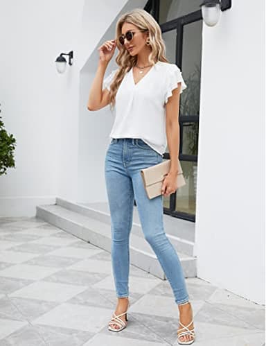 Blooming Jelly Womens Dressy Casual Shirts Short Sleeve V Neck Work Blouse Business Casual Summer Tops 2025(Medium, White) - Image 5