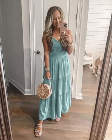 Dokuritu Women's Beach Crochet Lace Maxi Dress Solid Color Sage Green Wedding Guest Summer Spaghetti Strap Long Boho Dress 2024 (MintGreen, M) - Image 2
