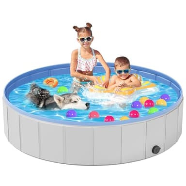 Portable Dog Pool PVC Pet Swimming Hard Plastic Pool Bathtub Collapsible Dog Poo for Pets to Swim and Bath (XL-63"x 12" Light Grey) - Image 1