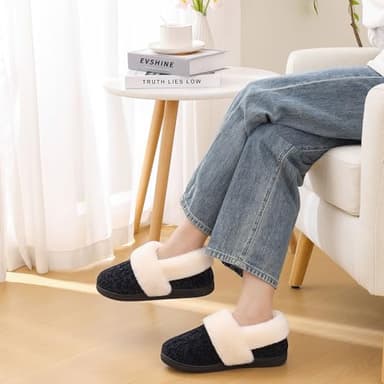 Evshine Women's Fuzzy Memory Foam Slippers, Closed Back Knit Bedroom Slippers, Slip-On Warm House Shoes for Indoor & Outdoor Comfort, Black/White, 44-45 (Size 11.5-12) - Image 2