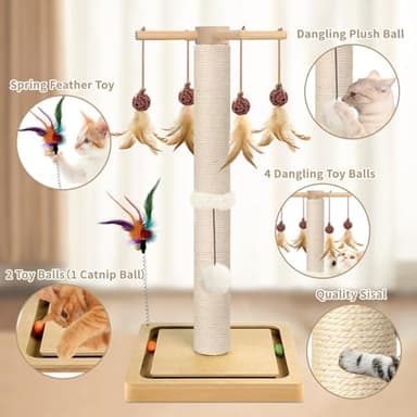 Cat Scratching Post, Sisal, Scratcher Tree Tower for Indoor Cats Adults with Hanging and Ball Track, 2 Mounting Methods Interactive Furniture Toys for Kitten, 25 Inches - Image 2
