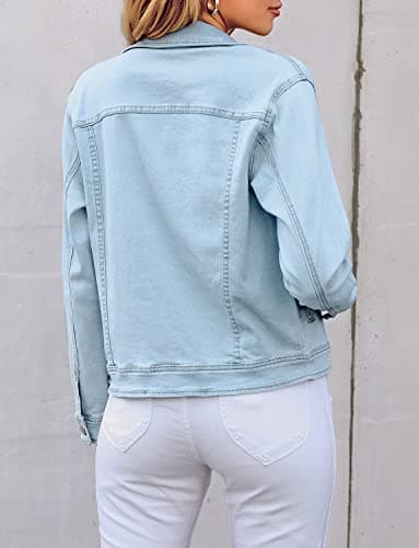 LookbookStore Denim Jacket for Women Blue Jean Jackets 2025 Spring Stretchy Trucker Jackets Button Down Jackets Lightweight Size S Light Blue Fall Jean Jacket Size 4 6 - Image 5