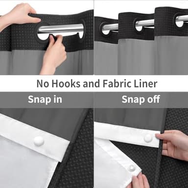 YellyHommy No Hook Shower Curtain with Snap in Liner Set Less Time Black Waffle Shower Curtain for Bathroom 75" L x 72" W - Image 2