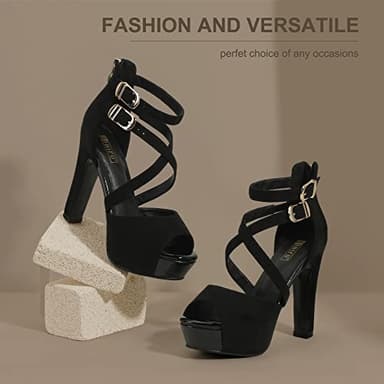 IDIFU Women's IN5 Charcy Crisscross Strappy Platform High Chunky Heels Peep Toe Pump Party Heeled Sandals(7.5 M US, Black Suede) - Image 4