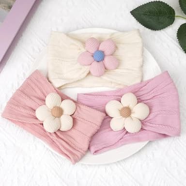 CÉLLOT 3 Pcs Baby Girl Headbands with Flower Nylon Headbands Soft Stretchy Headwear Hair Accessories for Newborn Infant Toddler Kids (Pink Beige Salmon) - Image 5