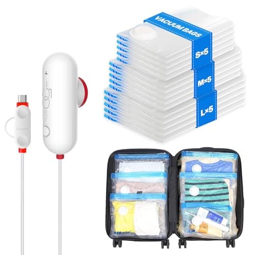 VMstr 15 Pack Travel Vacuum Storage Bags with USB Pump, Vacuum Packing Seal for Luggage and Suitcase, Space Saver for Clothes and Clothing Travel - Image 1