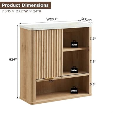RedLemon Bathroom Wall Cabinet w/Fluted Sliding Door, Modern Medicine Cabinet w/Faux Marble Top & Adjustable Shelf, Curved Profile Wall Mounted Storage Organizer, Natural Oak Color - Image 6