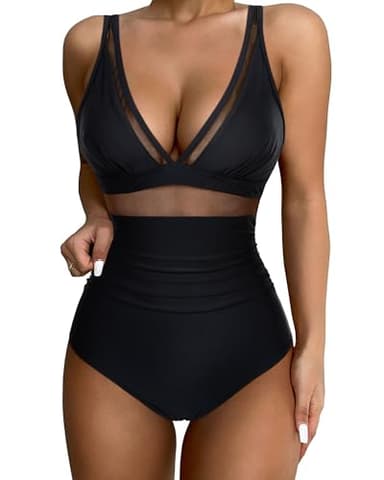 SUUKSESS Women Slimming Tummy Control One Piece Swimsuits Sexy Mesh High Waisted Monokini Bathing Suits (Black, L) - Image 1