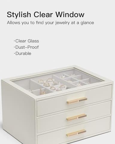 Vlando Jewelry Box for Women, Glass Lid Jewelry Organizer with 3 Drawers for Necklaces Rings Earrings Bracelets Mother Day Gift for Mom - Cloud White - Image 7