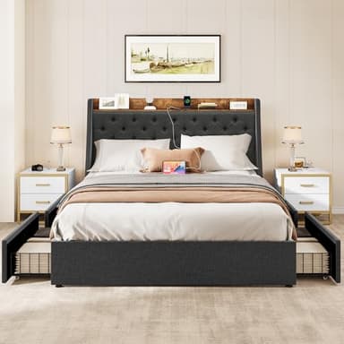 YITAHOME Queen Upholstered Platform Bed Frame with Wingback Headboard and 4 Storage Drawers, Built-in Outlets and USB Ports, Sturdy Wood Slats, No Box Spring Needed - Gray - Image 7