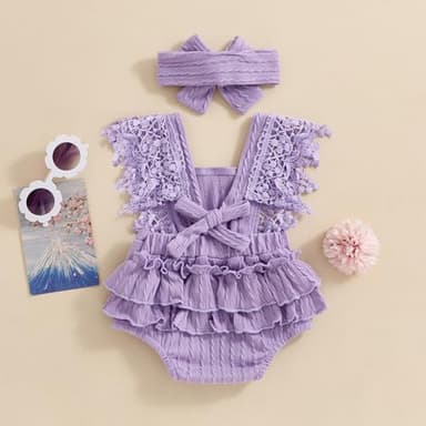Douhoow Infant Baby Girl Plaid Romper Baby Short Sleeve Pleated Romper Bodysuit Summer Spring Outfits (Purple A, 12-18 Months) - Image 3