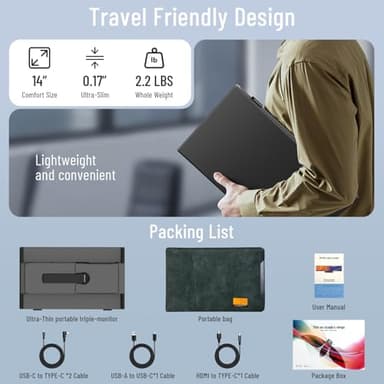 14" Triple Laptop Screen Extender, 1080P FHD IPS Ultra-Slim Portable Dual Monitor for Laptop, USB C HDMI Plug-Play Monitor Extender for Triple Display for MacOS/Windows, Fits 13-17.3" Laptops - Image 7