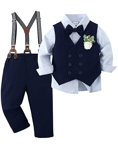 YALLET Toddler Baby Boy Clothes Suit Gentleman Wedding Outfits, Formal Dress Shirt+Bowtie+Vest+Boutonniere+Suspender Pants(V Navy Blue, 2-3T) - Image 1