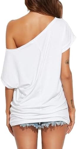 Poetsky Women's Summer Off Shoulder Shirts Casual Loose Short Sleeve Tunics Tops - Image 5