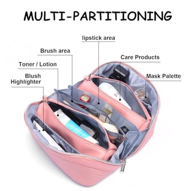 Travel Makeup Bags Cosmetic Organizer Bag: Quilted Make up Bag Set of 3 - PU Leather Toiletry Bags for Women - Portable Makeup Organizer with Compartments & Handle & Divider (14-Pink) - Image 2