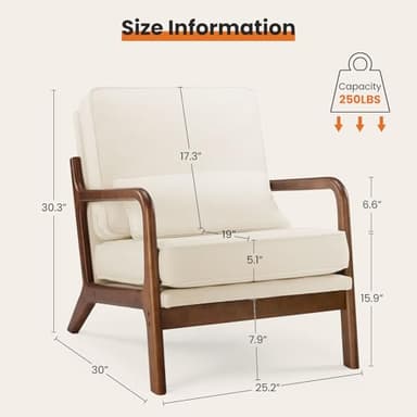 Sweetcrispy Accent Mid Century Modern Chair with Pillow, Upholstered Lounge Armchair, Linen Fabric Comfy Reading Chair with Wood Frame for Living Room, Bedroom, 1 Set, Beige - Image 3