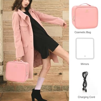 Relavel Travel Makeup Bag With LED Mirror Portable Travel Makeup Organizer 3 Color Adjustable Brightness Waterproof Cosmetic Train Case with Removable Dividers Makeup Storage for Women, Pink - Image 6