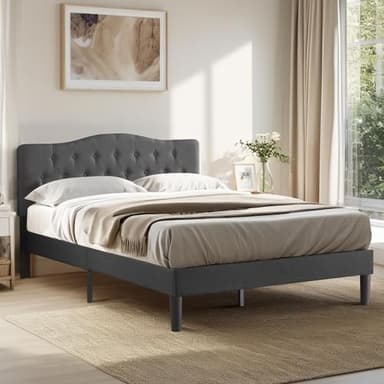 VECELO Full Size Bed Frame Upholstered Platform with Tufted Adjustable Headboard/Mattress Foundation Wood Slat Support/Easy Assembly,Grey - Image 4