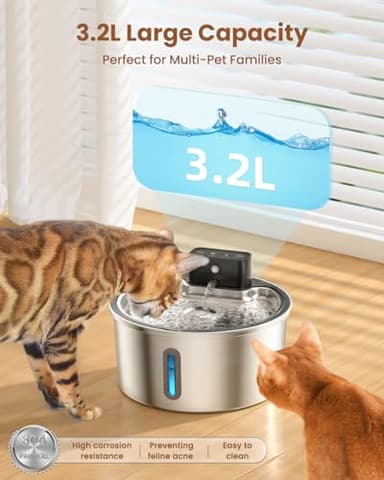 PawPoll Wireless Cat Water Fountain Stainless Steel - 3.2L/108oz Cordless Pet Water Fountain Battery Operated Cats Water Dispenser Silent Rechargeable Automatic Fountain with 6 Filters 3 Sponges - Image 6