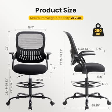 Sweetcrispy Tall Drafting Desk Chair - Ergonomic High Stool Computer with Adjustable Height and Comfy Lumbar Support, Office Rolling Counter with Flip-up Arm and Footrest, Black - Image 3