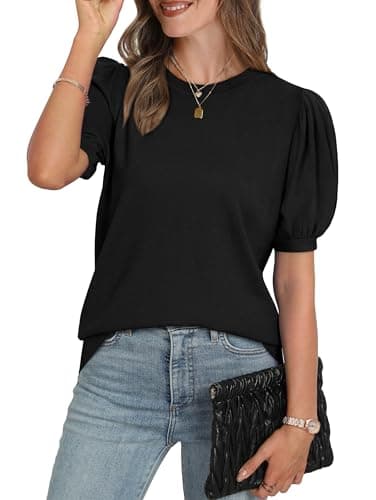 Short Sleeve Sweater for Women Trendy Womens Tops 2025 Spring Summer T Shirts Puff Sleeve Business Casual Outfits Work Clothes Petite Ladies Tops Dressy Casual Lightweight Fall Sweaters Black Small - Image 3