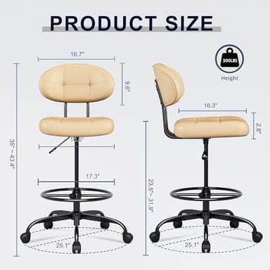 Misolant Drafting Chair Without Arms, Tall Office Chair with Footrest Ring for Standing Desk, Small Faux Leather Executive Office Chair with Adjustable Height for Bar Lab Counter Height Desk, Khaki - Image 3
