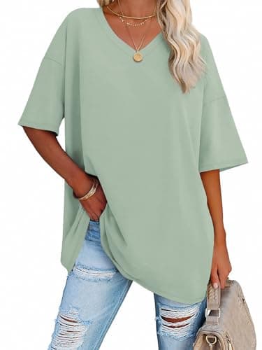 ATHMILE Womens Summer Oversized Shirts V Neck Plus Size Spring Workout Tops Beach Vacation 2025 Gym Clothes Gray Green - Image 1