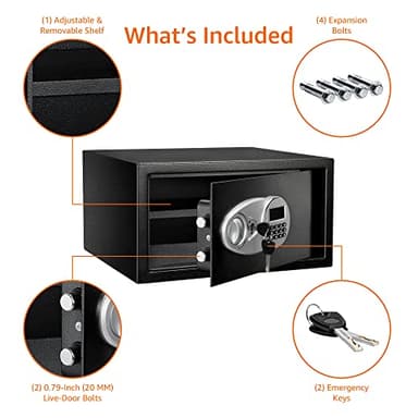 Amazon Basics Steel Security Safe and Lock Box with Programmable Electronic Keypad, for Valuables, Cash, Jewelry, Documents, Black, 1 Cubic Foot, 16.9-x-14.6-x-9.1-inches (WxDxH) - Image 4