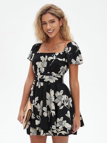 EXLURA Women's 2025 Summer Ruffle Short Sleeve Tie Back Romper Dress Square Neck A Line Cute Dressy Short Jumpsuits Black Floral - Image 2