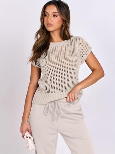 ANRABESS Women Two Piece Outfits Crochet Sheer Knit Sweater Top Wide Leg Pants Lounge Matching Sets Sweatsuit Travel Clothes Aprioct Medium - Image 7