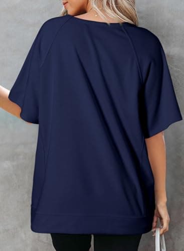 Dokotoo Womens Tshirts Cotton Loose Fit Short Sleeve Crewneck Dressy Casual Summer Tops Oversized T Shirt for Women Fashion 2025 High Low Uneven Hem Cute Solid Color Thin Blouses Navy Blue X-Large - Image 2