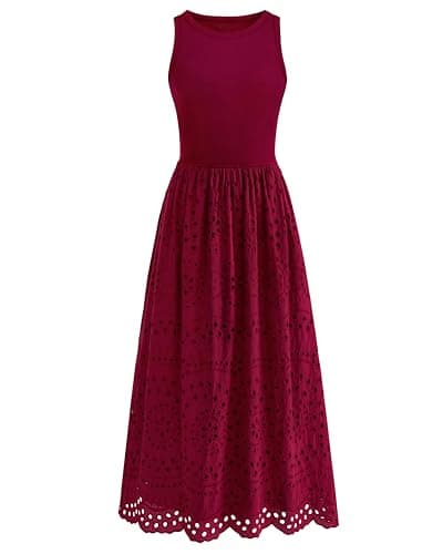 dowerme Women Summer Dresses 2025 Casual Sleeveless Crewneck A-Line Boho Lace Eyelet Cotton Tank Maxi Dress with Pockets(Wine Red,Small) - Image 1