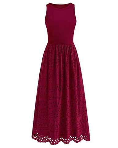 dowerme Women Summer Dresses 2025 Casual Sleeveless Crewneck A-Line Boho Lace Eyelet Cotton Tank Maxi Dress with Pockets(Wine Red,Small) - Image 1