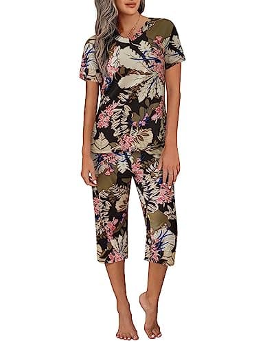 Ekouaer Women's Sleepwear Capri Pajama Sets Short Sleeve Two-Piece Pjs V Neck Tops & Capri Pants with Pockets S-3XL - Image 1