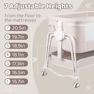suihuooo 4 in 1 Baby Bassinet Bedside Sleeper, Rocking Baby Crib with Lockable Wheels, Storage, Mosquito Net and Matress Included, 7 Level Adjustable Bedside Bassinet for Baby Newborn(Cream) - Image 4