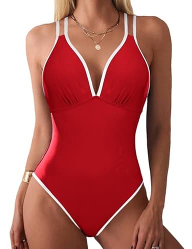 AI'MAGE Womens Swimsuit One Piece Tummy Control Bathing Suit V Neck Push Up Double Straps Slimming Swimwear Red - Image 1
