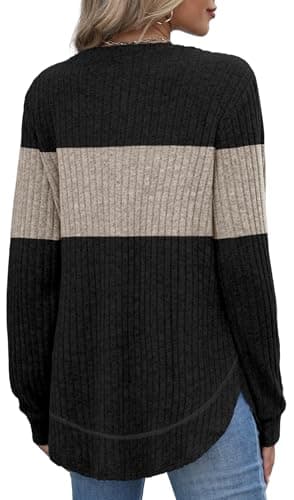 OFEEFAN Sweaters for Women Trendy 2025 Womens Tops Long Sleeve Shirts Plus Size Women's Clothing Fall Outfits Fashion Clothing School Outfits Tops for Teachers M Black Beige - Image 4