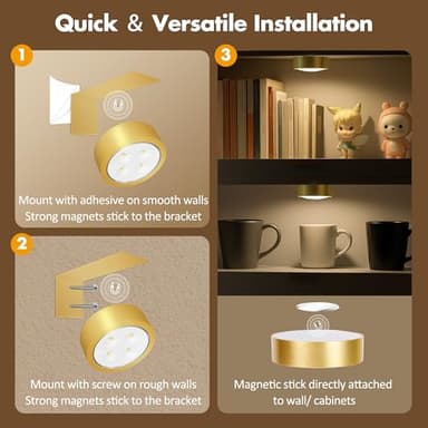 3Pcs Battery Operated Picture Light, Magnetic Led Painting Light with Remote Dimmable and Timer, 3 Lighting Modes Art Display Light for Picture Frame Paintings, Wireless Wall Decor Puck Lights, Gold - Image 8