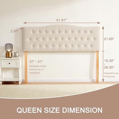 Huatean Home Tufted Upholstered Headboard Queen Size, Sturdy and Durable Solid Wood Bed headboard, Fabric Headboard Adjustable Height from 37” to 51”, Modern Button Diamond Design Head Board, Beige - Image 2