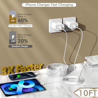 iPhone 16 15 Charger Fast Charging, 2Pack 10FT Extra Long USBC to C Cable Cord with 20W Apple iPad USB C Fast Charger USB C Wall Charger Block for iPhone 16/16 Plus/16 Pro/16 ProMax/15/15 ProMax/iPad - Image 2
